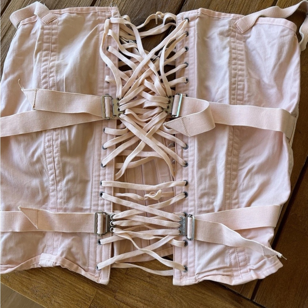 Antique Vintage CAMP 1920’s Pink Lace-up Corset Waist Cinching Girdle w/Garters